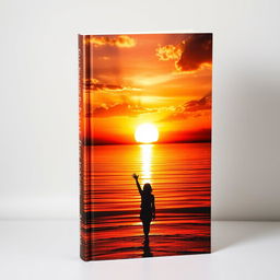 A captivating book cover design featuring a stunning sunrise or sunset casting warm hues across a calm water surface