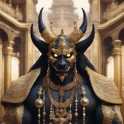 This is a strikingly detailed digital art image of a demon with black eyeballs, lavishly adorned with gold jewelry