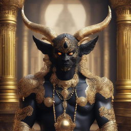 This is a strikingly detailed digital art image of a demon with black eyeballs, lavishly adorned with gold jewelry