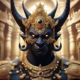 This is a strikingly detailed digital art image of a demon with black eyeballs, lavishly adorned with gold jewelry