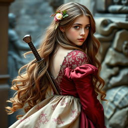 A sophisticated teenage British girl in medieval times, elegantly dressed in a rich, flowing gown with intricate embroidery