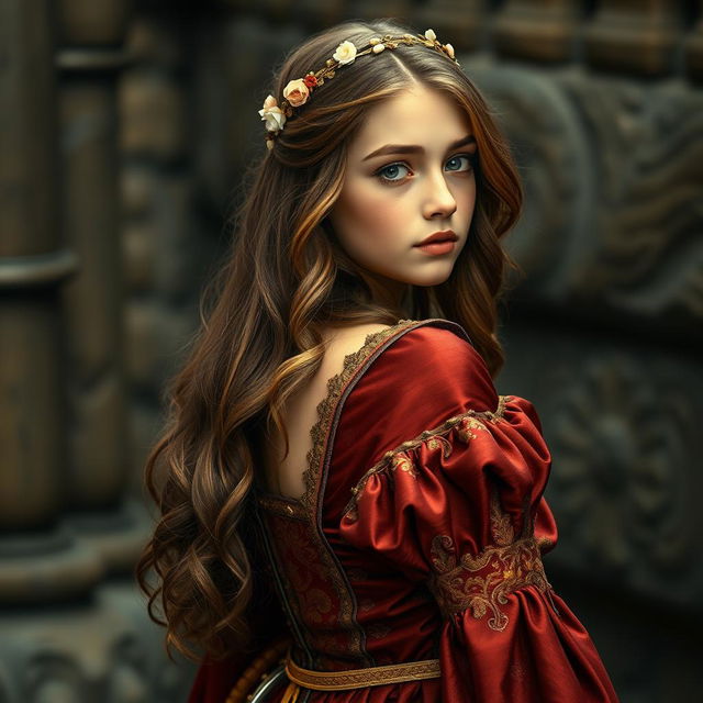 A sophisticated teenage British girl in medieval times, elegantly dressed in a rich, flowing gown with intricate embroidery