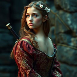 A sophisticated teenage British girl in medieval times, elegantly dressed in a rich, flowing gown with intricate embroidery