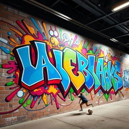 A vibrant and dynamic 3D graffiti mural that showcases an explosion of colors including bright blues, fiery reds, and lush greens