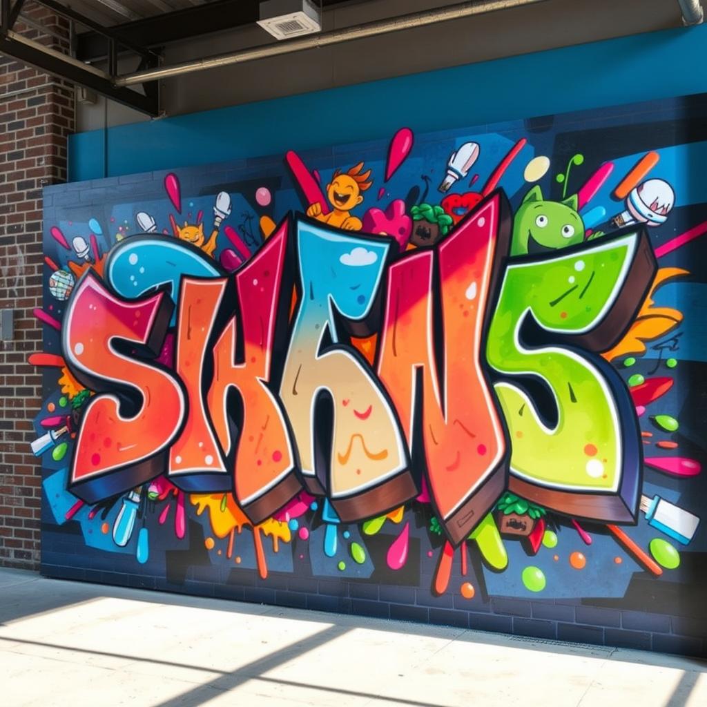 A vibrant and dynamic 3D graffiti mural that showcases an explosion of colors including bright blues, fiery reds, and lush greens