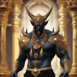 This is a strikingly detailed digital art image of a demon with black eyeballs, lavishly adorned with gold jewelry