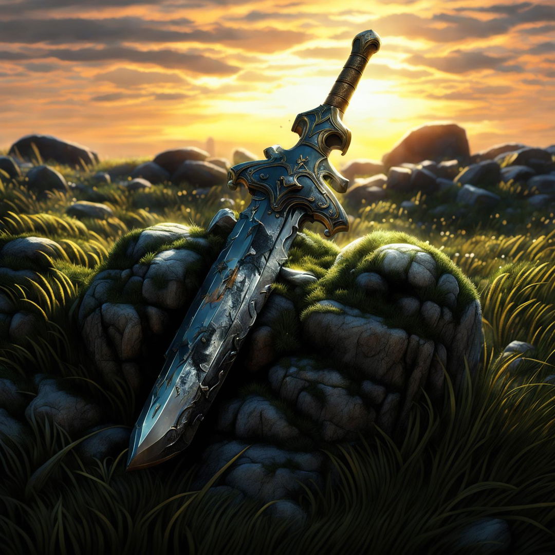 A revised digital art image showcasing a legendary sword, similar to Guts' sword from Berserk, deeply embedded in a stone in a grassy field during sunset, with the handle clearly visible