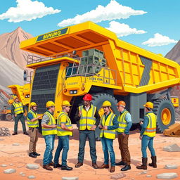 A vibrant illustration of a diverse group of mining industry staff working together in a rugged mining site