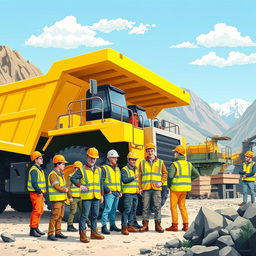 A vibrant illustration of a diverse group of mining industry staff working together in a rugged mining site