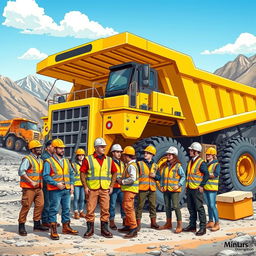 A vibrant illustration of a diverse group of mining industry staff working together in a rugged mining site