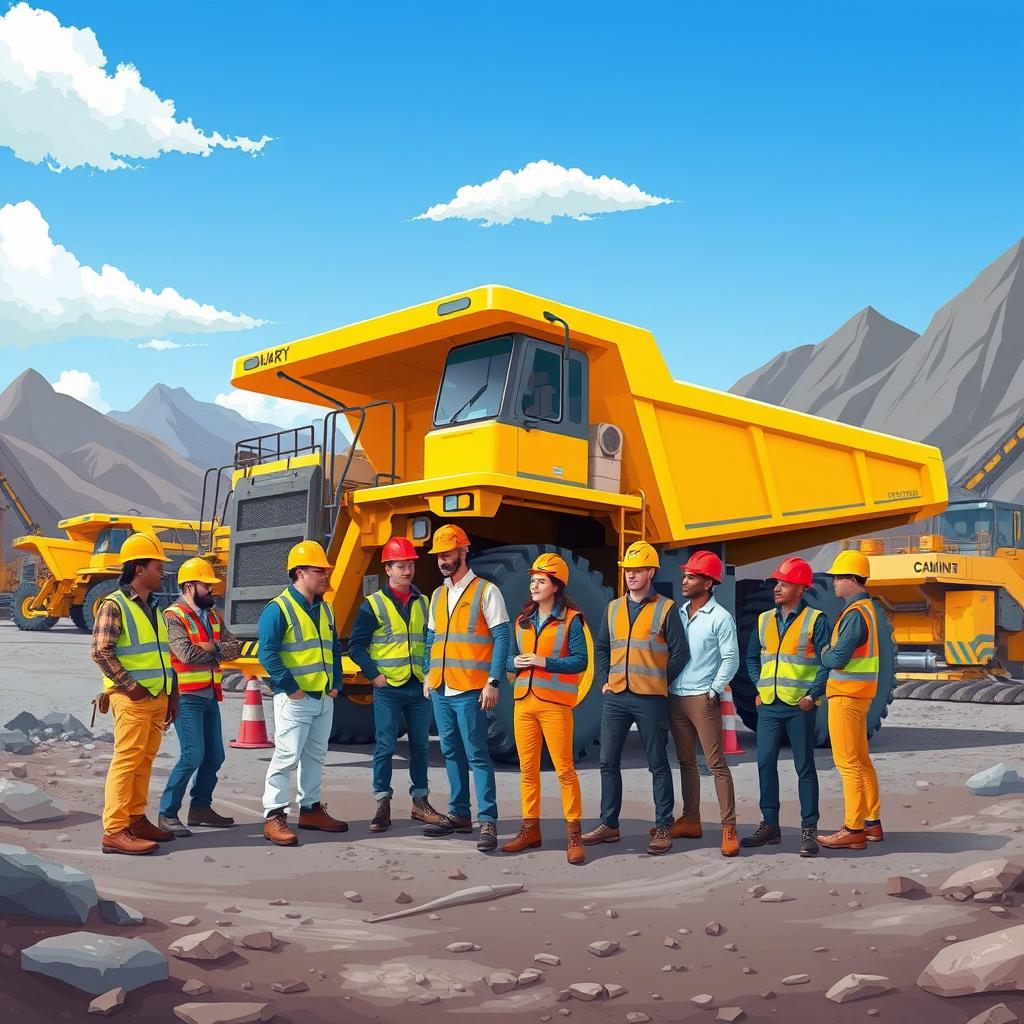 A vibrant illustration of a diverse group of mining industry staff working together in a rugged mining site