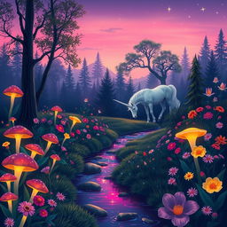 A magical forest at twilight, with glowing mushrooms illuminating the path, vibrant flowers in full bloom of various colors, a gentle stream flowing through the scene, and a silhouette of a majestic unicorn drinking from the water