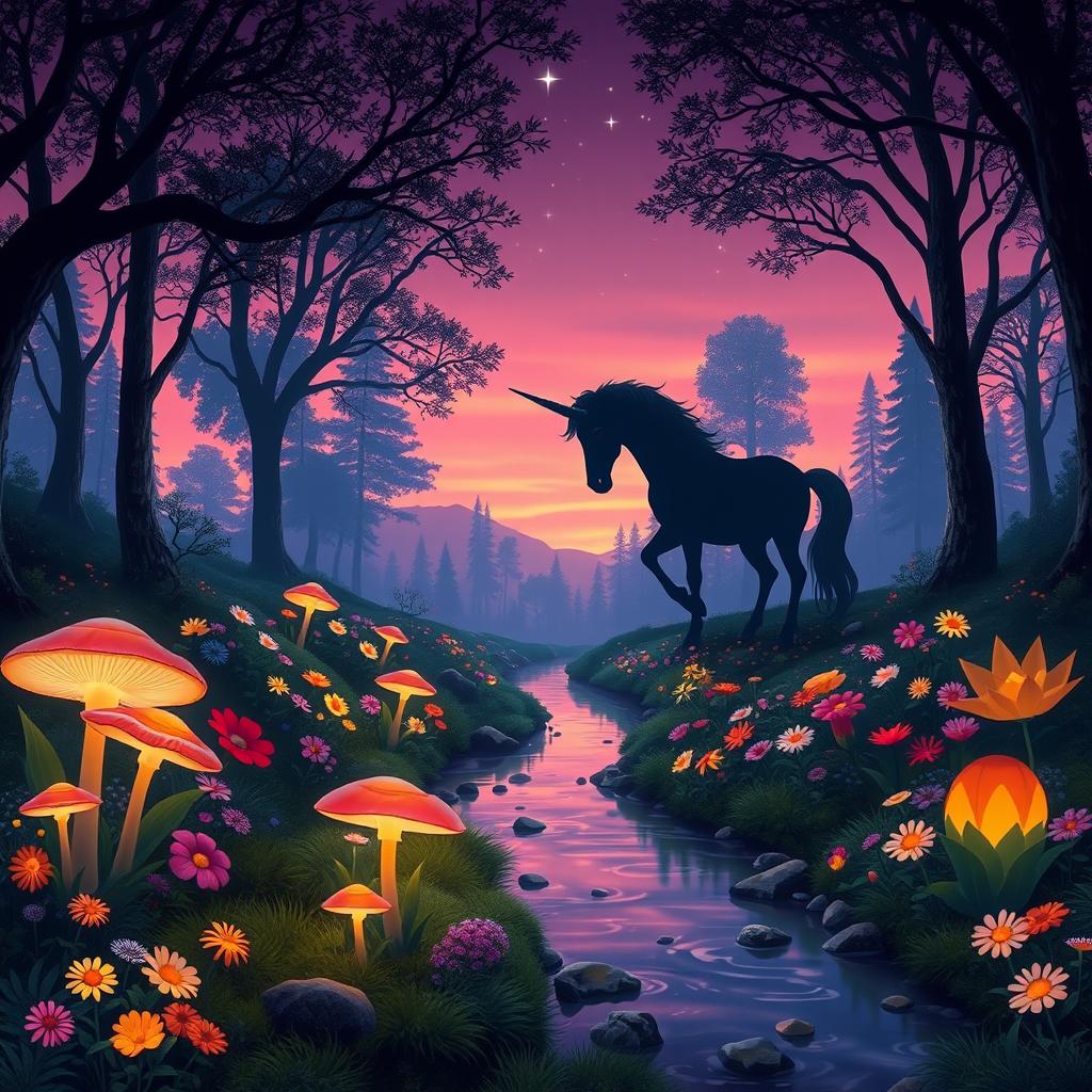 A magical forest at twilight, with glowing mushrooms illuminating the path, vibrant flowers in full bloom of various colors, a gentle stream flowing through the scene, and a silhouette of a majestic unicorn drinking from the water