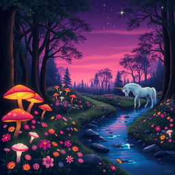 A magical forest at twilight, with glowing mushrooms illuminating the path, vibrant flowers in full bloom of various colors, a gentle stream flowing through the scene, and a silhouette of a majestic unicorn drinking from the water
