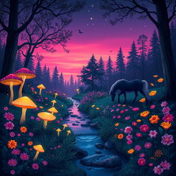 A magical forest at twilight, with glowing mushrooms illuminating the path, vibrant flowers in full bloom of various colors, a gentle stream flowing through the scene, and a silhouette of a majestic unicorn drinking from the water