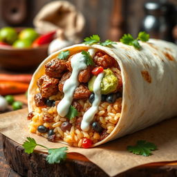 A stunning burrito showcasing Filipino adobo in a delicious fusion style, featuring tender, savory adobo meat wrapped in a soft flour tortilla
