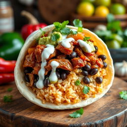A stunning burrito showcasing Filipino adobo in a delicious fusion style, featuring tender, savory adobo meat wrapped in a soft flour tortilla