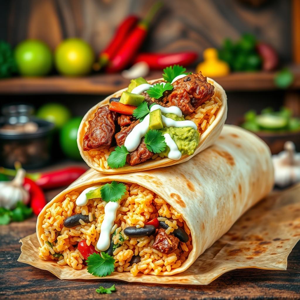 A stunning burrito showcasing Filipino adobo in a delicious fusion style, featuring tender, savory adobo meat wrapped in a soft flour tortilla