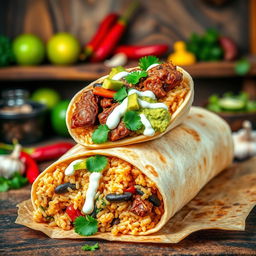 A stunning burrito showcasing Filipino adobo in a delicious fusion style, featuring tender, savory adobo meat wrapped in a soft flour tortilla