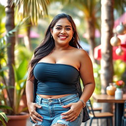 A stunningly beautiful Filipina woman, 26 years old, confidently showcasing her voluptuous figure with large breasts