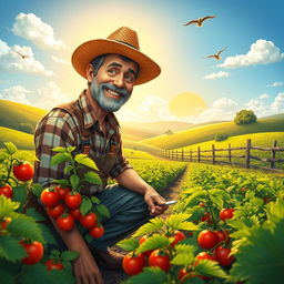 A vibrant and detailed scene depicting a farmer in a lush, green field surrounded by crops