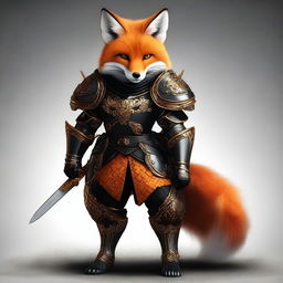 This is a high-quality digital art image featuring a fox in black armor