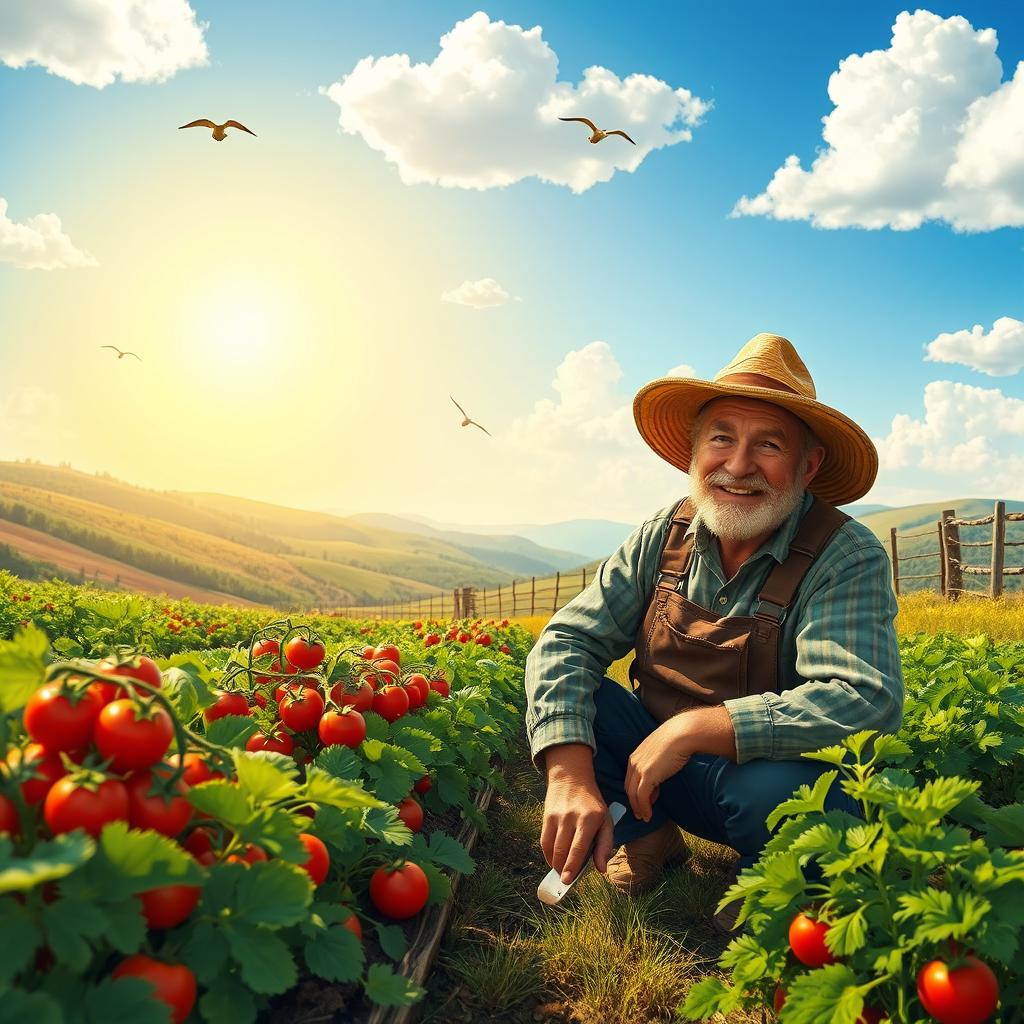 A vibrant and detailed scene depicting a farmer in a lush, green field surrounded by crops