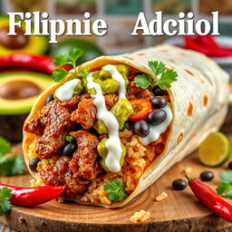A mouth-watering burrito showcasing Filipino adobo in a delightful fusion style, creatively displayed for a magazine cover
