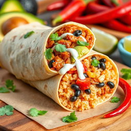 A mouth-watering burrito showcasing Filipino adobo in a delightful fusion style, creatively displayed for a magazine cover
