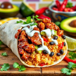 A mouth-watering burrito showcasing Filipino adobo in a delightful fusion style, creatively displayed for a magazine cover