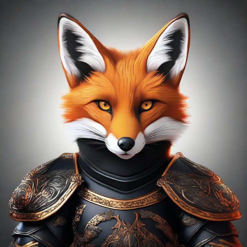 This is a high-quality digital art image featuring a fox in black armor