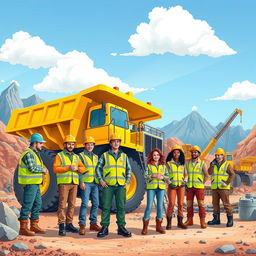 A vibrant illustration of a diverse group of mining industry staff working in a rugged mining site, emphasizing their safety gear