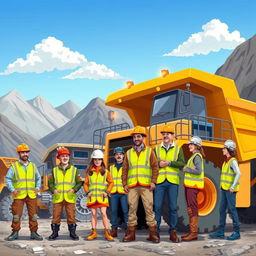 A vibrant illustration of a diverse group of mining industry staff working in a rugged mining site, emphasizing their safety gear