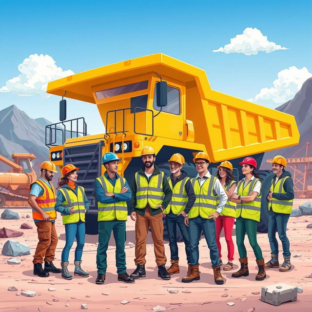 A vibrant illustration of a diverse group of mining industry staff working in a rugged mining site, emphasizing their safety gear