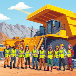 A vibrant illustration of a diverse group of mining industry staff working in a rugged mining site, emphasizing their safety gear