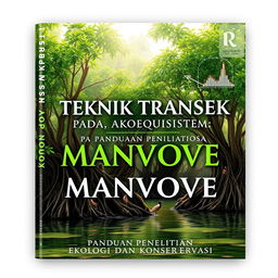 A book cover design for a title "TEKNIK TRANSEK PADA EKOSISTEM MANGROVE: PANDUAN PENELITIAN EKOLOGI DAN KONSERVASI"