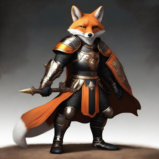 A high-quality digital art image of a fox in black armor is presented