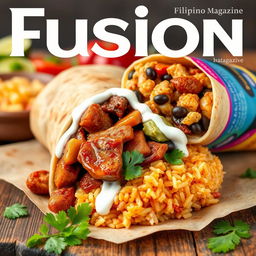 A visually appealing burrito featuring Filipino adobo, thoughtfully designed for a magazine cover