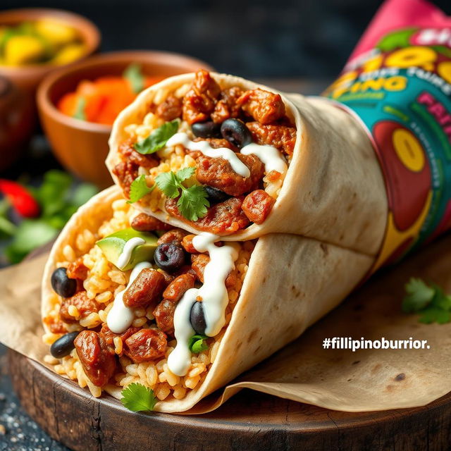 A visually appealing burrito featuring Filipino adobo, thoughtfully designed for a magazine cover