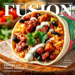 A visually appealing burrito featuring Filipino adobo, thoughtfully designed for a magazine cover