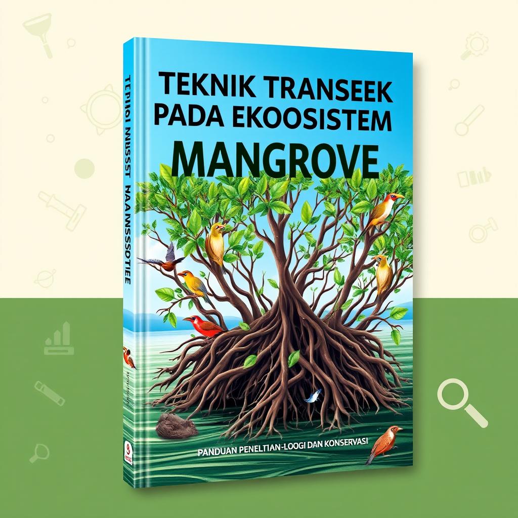 A captivating book cover for the title "TEKNIK TRANSEK PADA EKOSISTEM MANGROVE: PANDUAN PENELITIAN EKOLOGI DAN KONSERVASI"