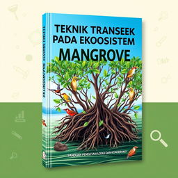 A captivating book cover for the title "TEKNIK TRANSEK PADA EKOSISTEM MANGROVE: PANDUAN PENELITIAN EKOLOGI DAN KONSERVASI"