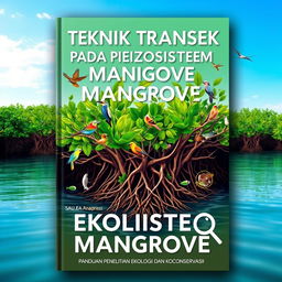 A captivating book cover for the title "TEKNIK TRANSEK PADA EKOSISTEM MANGROVE: PANDUAN PENELITIAN EKOLOGI DAN KONSERVASI"