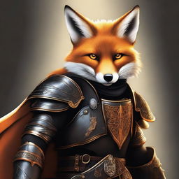 A high-quality digital art image of a fox in black armor is presented