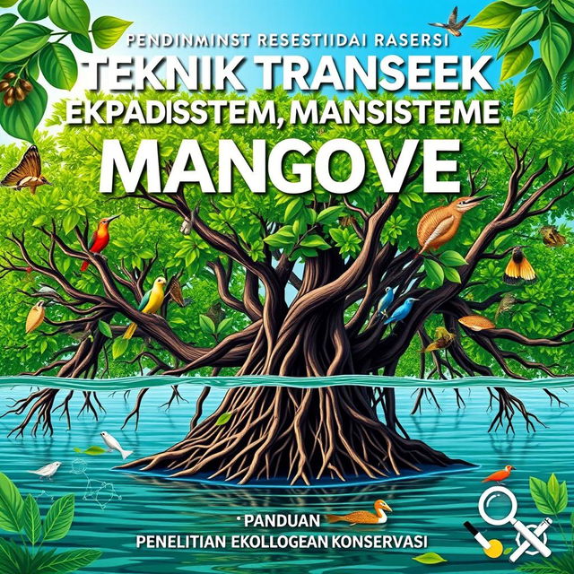 A captivating book cover for the title "TEKNIK TRANSEK PADA EKOSISTEM MANGROVE: PANDUAN PENELITIAN EKOLOGI DAN KONSERVASI"