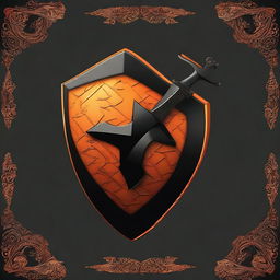 This is a high-quality digital art image showcasing a black scimitar and an orange black shield