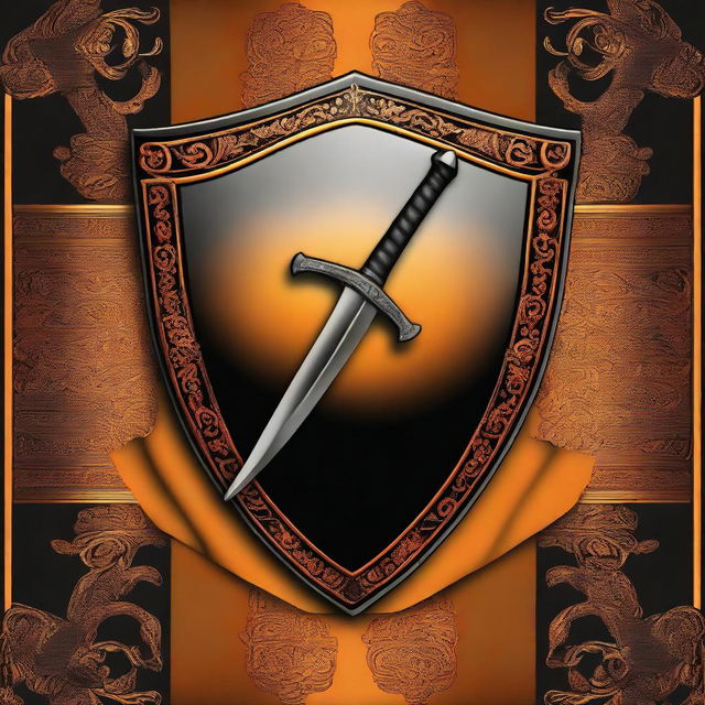 This is a high-quality digital art image showcasing a black scimitar and an orange black shield