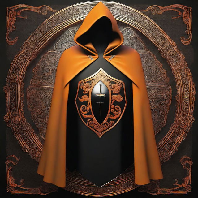 This is a digital art image of exceptional quality, featuring an orange cloak, a black and orange shield, and a black scimitar