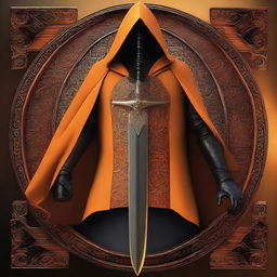 This is a digital art image of exceptional quality, featuring an orange cloak, a black and orange shield, and a black scimitar