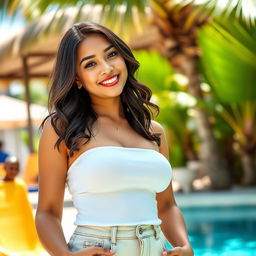 A stunningly beautiful Filipina woman, 26 years old, with a slender yet voluptuous figure, prominently featuring large breasts